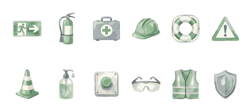 Collection of safety and emergency icons, including an exit sign, fire extinguisher, first aid kit, hard hat, lifebuoy, warning sign, traffic cone, hand sanitizer, emergency button, safety
