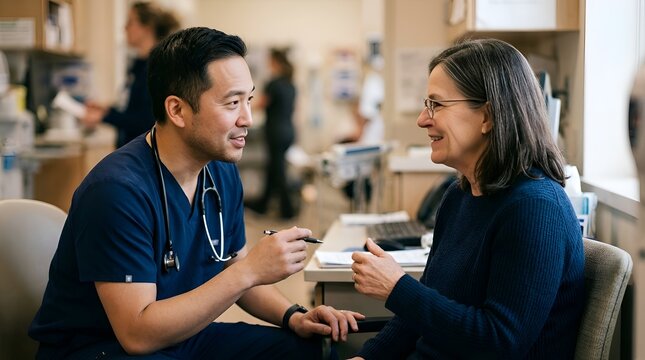 Doctor discussing patient's health in clinic, doctor-patient consultation, medical care
