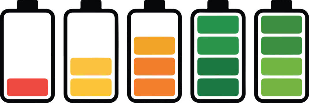 Five battery level indicators showing full to empty charge status in a row on a white background.
