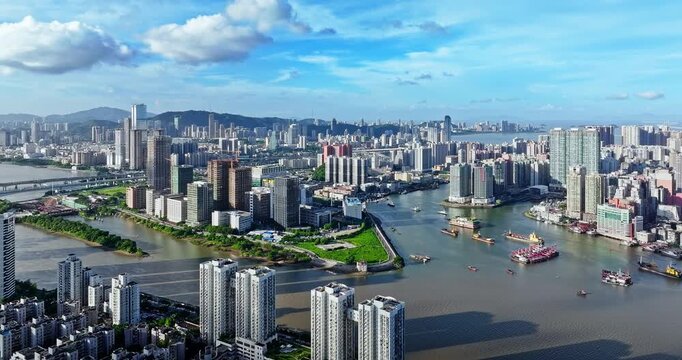 High angle view of a modern metropolis with river and high-rise buildings in Zhuhai, China