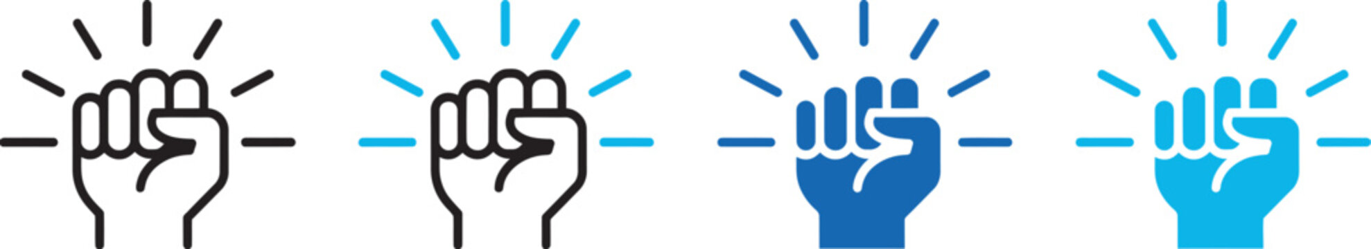 Raised fist power icon set featuring protest, empowerment, resistance and solidarity symbols in outline and solid styles for activism, social movements, human rights and advocacy vector designs.