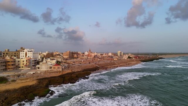 Scenic Aerial View of Dwarka Beach Coastline with Arabian Sea Waves, Sandy Shore, Coastal Landscape, Blue Ocean Water, Peaceful Seaside Environment, Natural Beauty and Beautiful Gujarat Maritime Scene