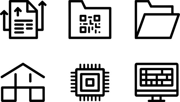 Digital technology icons set with folders, microchip, and computer interface for data management design