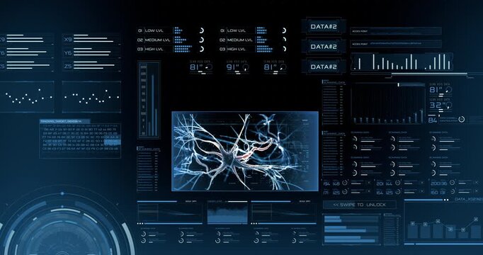 A futuristic HUD interface displays a glowing neuron or nerve cell scan surrounded by data readouts, level indicators and an unlock prompt.