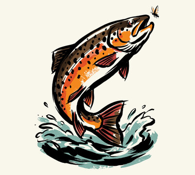 Artistic dynamic illustration of a trout fish jumping from river water to catch a small fly, featuring bold hand-drawn ink outlines and vibrant orange accents on a textured backdrop.
