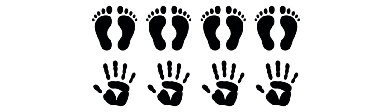 Hand and Foot Print Icons Set with Human Palm and Footprint Silhouettes, Black Track Vector Collection