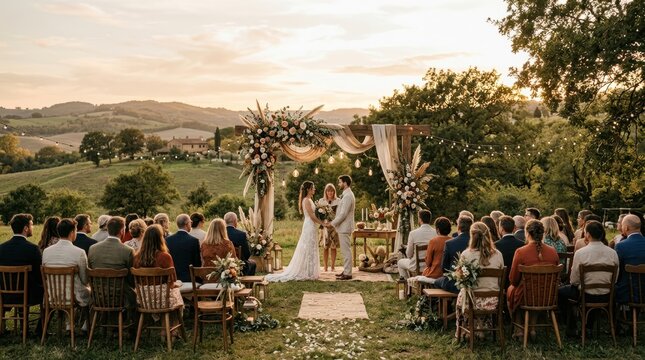 Romantic outdoor wedding ceremony at sunset with guests seated on a Tuscan hillside