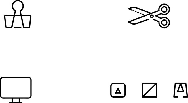 Office and design icons set with binder clip, scissors, monitor, and creative symbols