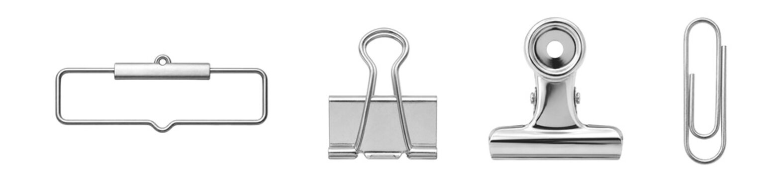 Set of Realistic Silver Stationery Clips - Binder, Bulldog and Paper Clip Collection