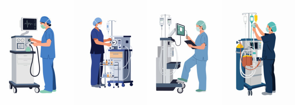 Flat illustration set of medical professionals operating anesthesia machines and patient monitors in a hospital setting for surgical procedures and intensive care.