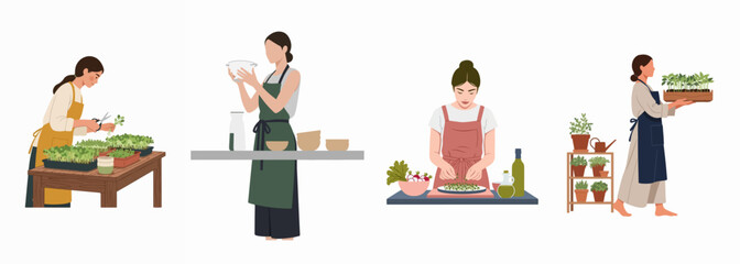 Fototapeta premium Set of illustrations depicting women harvesting microgreens, gardening indoor, and preparing healthy food for a sustainable lifestyle.