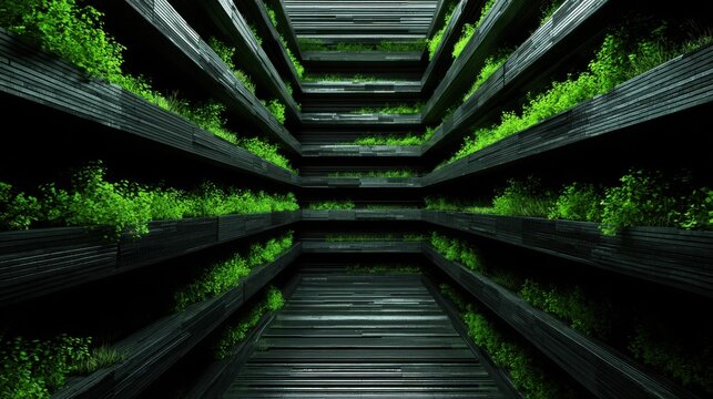 Vertical Urban Farming System with Lush Green Growth