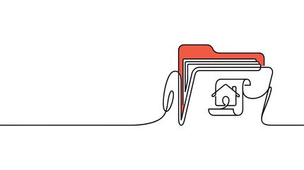 Obraz premium Continuous line drawing of a red folder with a house icon on a document, symbolizing real estate paperwork on a clean white background
