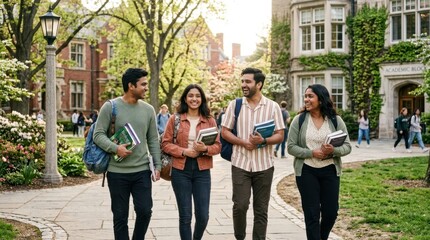 Fototapeta premium Diverse group of students walking and talking on a university campus in spring