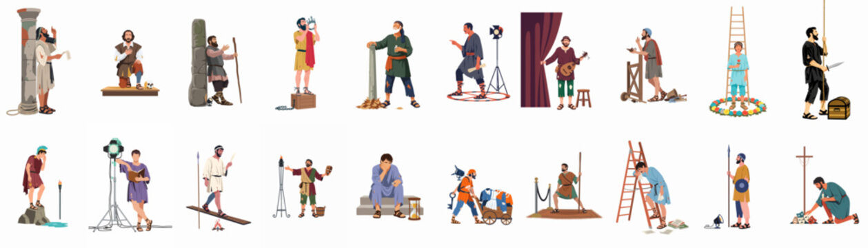 Diverse collection of male theater actors in various historical costumes and expressive poses, featuring props for classical performance and dramatic storytelling.