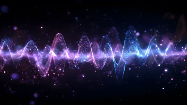 Abstract sound wave visualization with glowing particles and cosmic background.