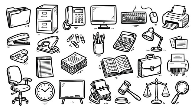 Various hand-drawn office and business items are arranged neatly on a white background, showcasing a doodle style