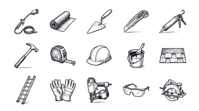 Collection of various hand-drawn construction and roofing tools, including a hammer, tape measure, and safety gear, on a clean white background