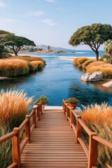 Fototapeta premium Wooden boardwalk leading to a calm river estuary with trees, golden grasses and coastal views