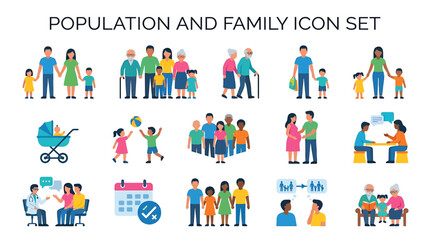 Fototapeta premium A family and population icon set depicting various people and relationships in colorful illustrations