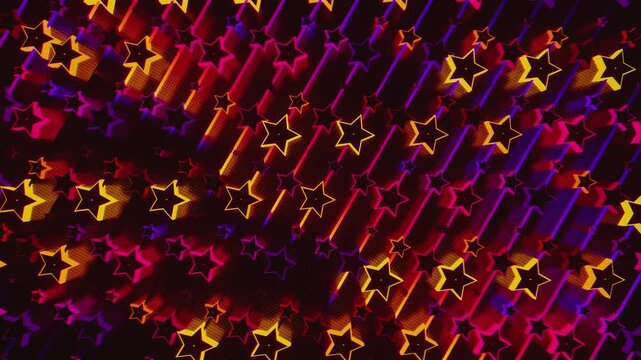 Futuristic abstract wall with glowing geometric stars. Seamless VJ loop of a rhythmic digital structure and pattern, creative motion background for electronic music festivals and stage displays.