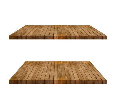 Empty wooden shelves isolated on white background for product display