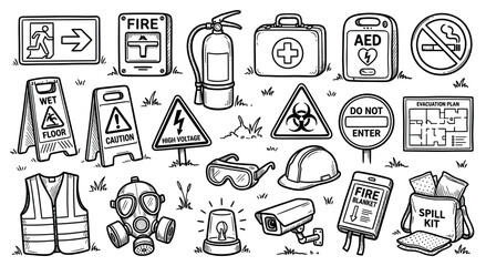 Fototapeta premium Various hand-drawn safety and emergency icons are scattered across a white background with subtle grass details, creating a comprehensive collection