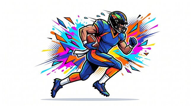 American football player runs with ball in dynamic action scene