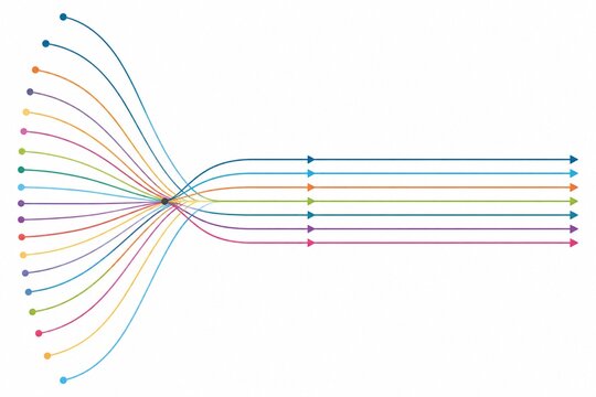 Many lines diverging from a point into parallel channels, diagrammatic on white.
