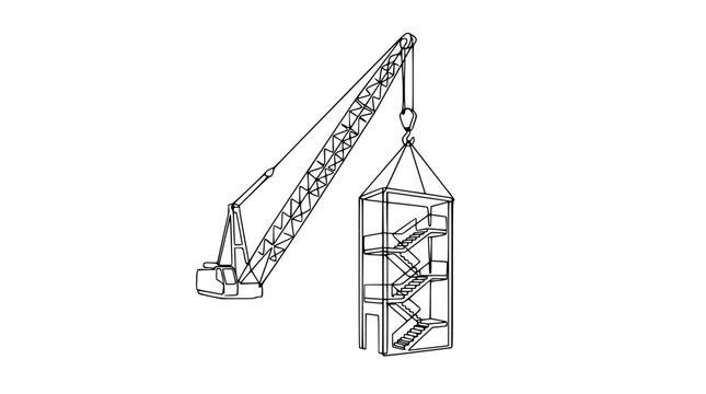 Crane lifting modular building section with stairs on white background