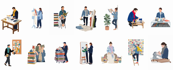 Fototapeta premium Set of diverse fashion designers and tailors working with fabrics, color palettes, and sewing tools in a creative studio environment.