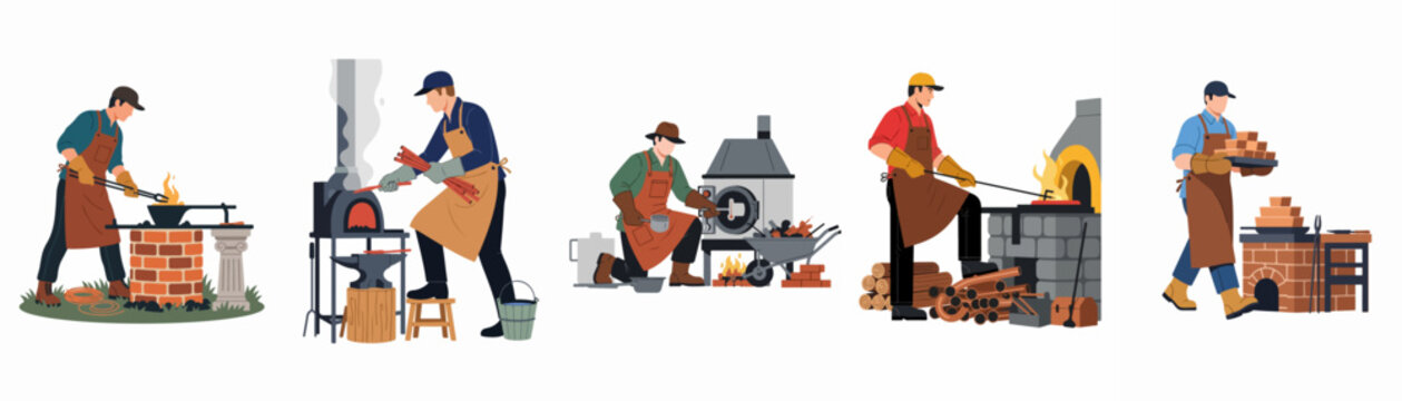 Collection of blacksmith and metalworker vector illustrations showing men working with furnaces, anvils, and traditional tools in a flat design style.