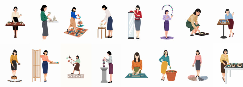 Collection of flat vector illustrations featuring Asian women in professional clothing engaged in various activities like playing Mahjong and handling game pieces.