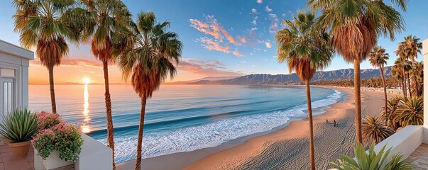 Naklejka premium Picturesque sunset over palm-lined beach with ocean waves and distant mountains