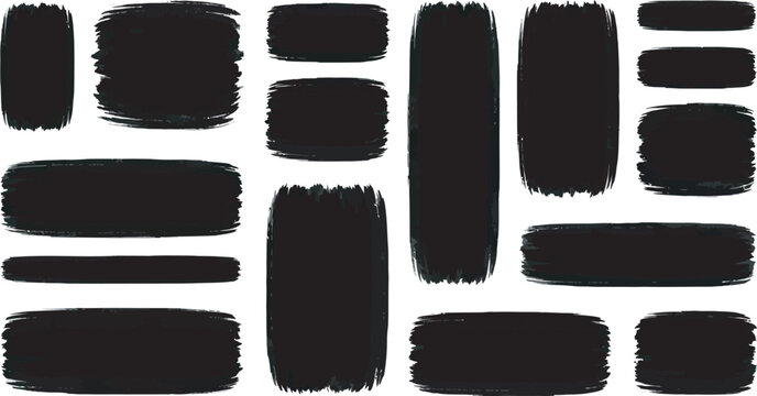 Rough brush square and rectangle frame collection with distressed black ink strokes, torn paper edges, grunge borders and textured text box templates for branding, packaging and creative graphics.