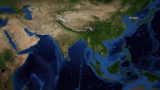 Animated Satellite Map Tracking Flight Path from Seoul to Doha