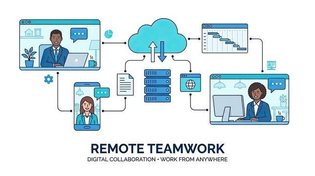 Remote Teamwork Network: An illustrative network diagram showcasing remote teamwork and digital collaboration.