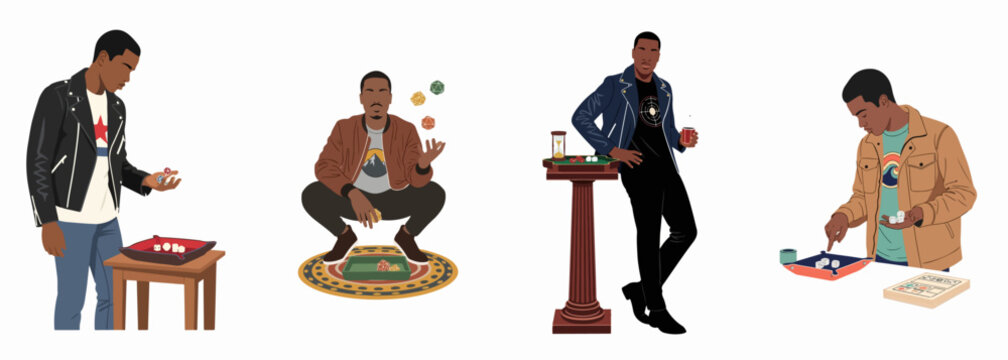 Set of illustrations featuring a young Black man engaged in tabletop roleplaying games and rolling polyhedral dice in various casual poses.