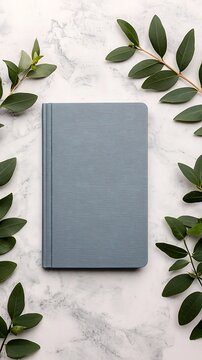 Elegant blue notebook on white marble surface surrounded by green leaves for journaling and writing scenes