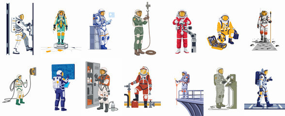 Vector illustration set featuring astronauts performing various technical and industrial tasks in futuristic space settings, including maintenance, repairs, and operations. © Nurdayatt