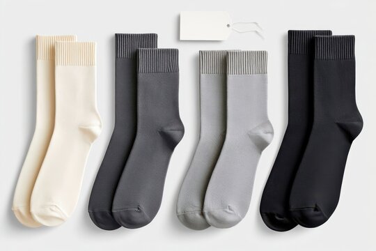 Flat-lay product mockup of four pairs of neutral socks with tag on white background