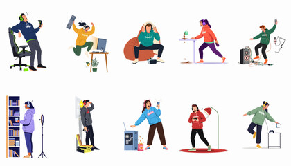 Fototapeta premium Collection of diverse gamers in various funny and emotional situations while playing video games, including winning, losing, and accidental mishaps.