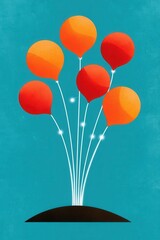 Fototapeta premium Textured conceptual tree of orange balloons on a teal background, abstract festive illustration