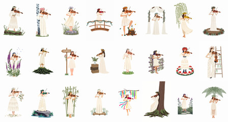 Collection of 24 flat illustrations featuring women in boho white dresses playing violins in various whimsical and rustic nature-themed settings. © Asep