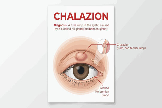Cross-section and external view of chalazion showing blocked oil gland.