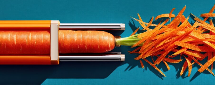 Top-down view of a carrot being shaved into thin strips by a mandoline peeler on blue surface