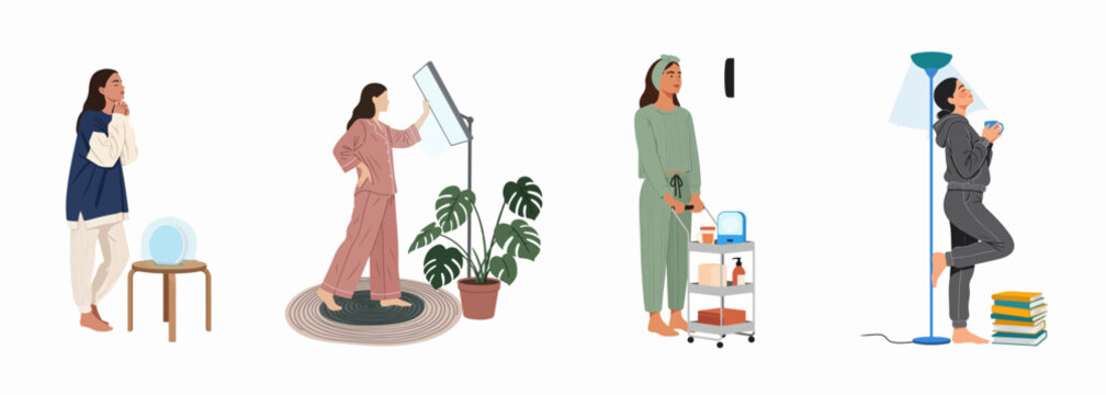Vector illustration set of women practicing light therapy and self-care at home to combat seasonal affective disorder and improve mood during winter.