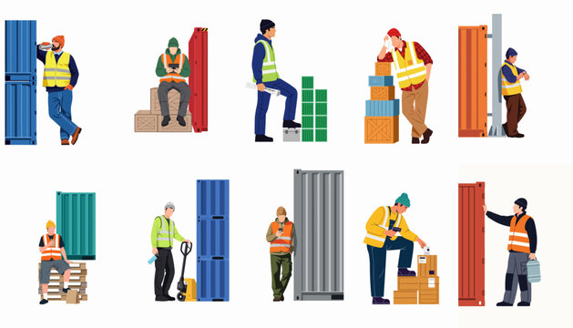 Set of diverse port and warehouse workers in safety vests engaged in various tasks and breaks among shipping containers and cargo boxes.