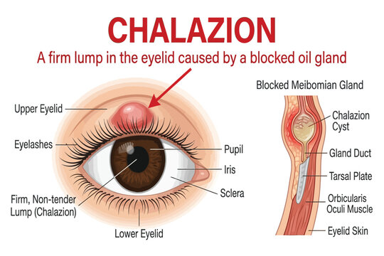 Cross-section and external view of chalazion showing blocked oil gland.