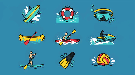 Flat Vector Icons Set of Water Sports Activities: Surfing, Kayaking, Jet Skiing, Paddleboarding, Snorkeling, and Volleyball on Blue Background © Sumini